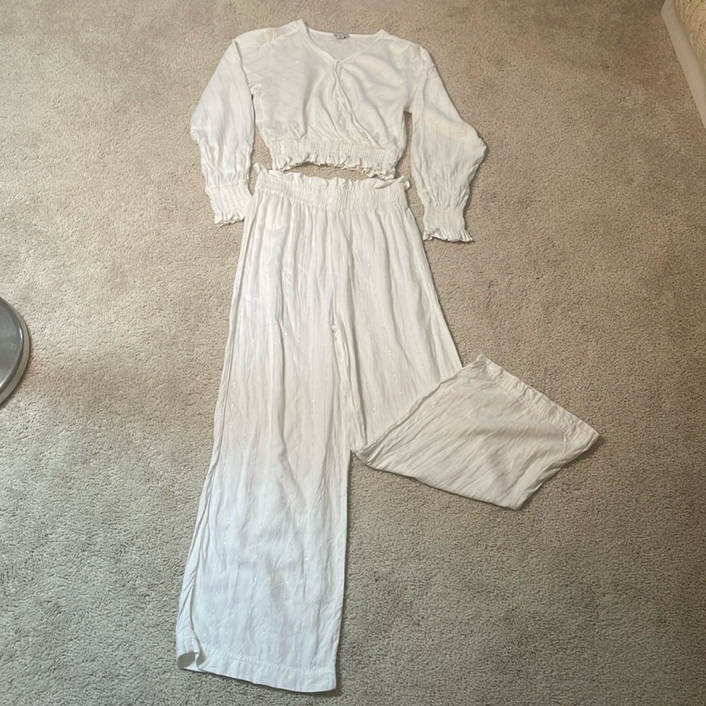 Habitual size 12 summer shirt and pants set. White with silver metallic stripes